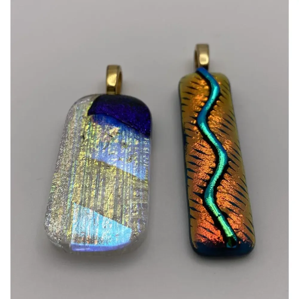 2 Dichroic Glass Pendants Orange Green Blues Craft Jewelry Making - Picture 2 of 4